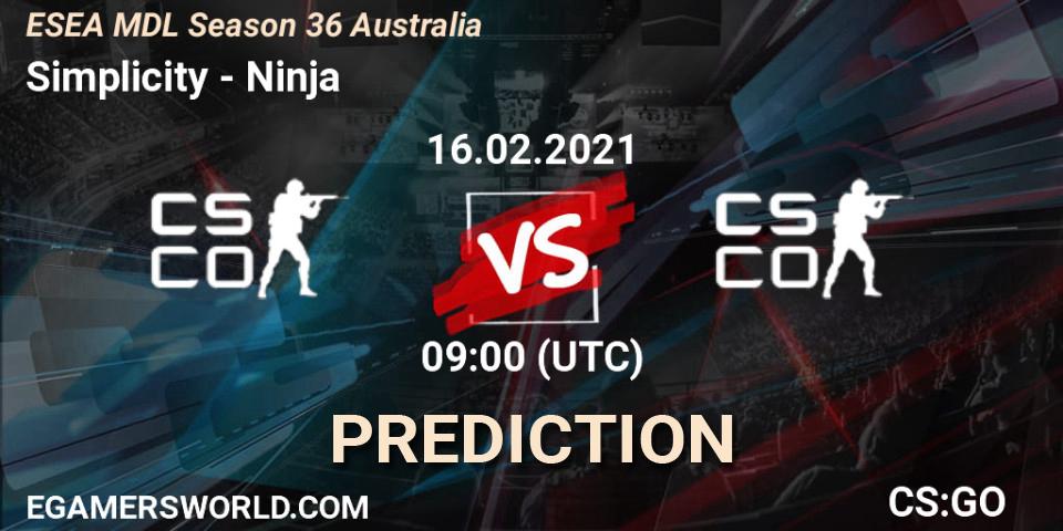 Simplicity vs Ninja: Betting TIp, Match Prediction. 16.02.2021 at 09:00. Counter-Strike (CS2), MDL ESEA Season 36: Australia - Premier Division