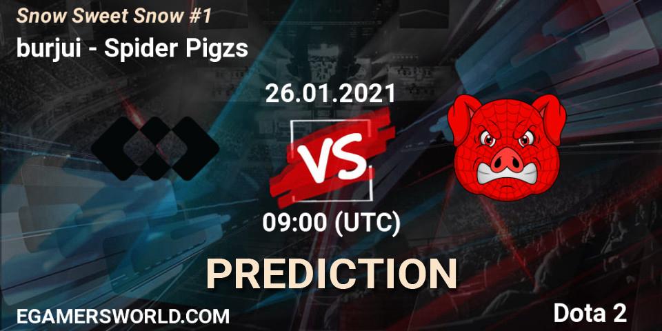 burjui vs Spider Pigzs: Betting TIp, Match Prediction. 26.01.2021 at 09:12. Dota 2, Snow Sweet Snow #1