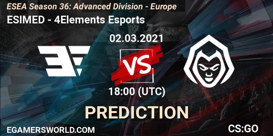 ESIMED vs 4Elements Esports: Betting TIp, Match Prediction. 02.03.2021 at 18:00. Counter-Strike (CS2), ESEA Season 36: Europe - Advanced Division