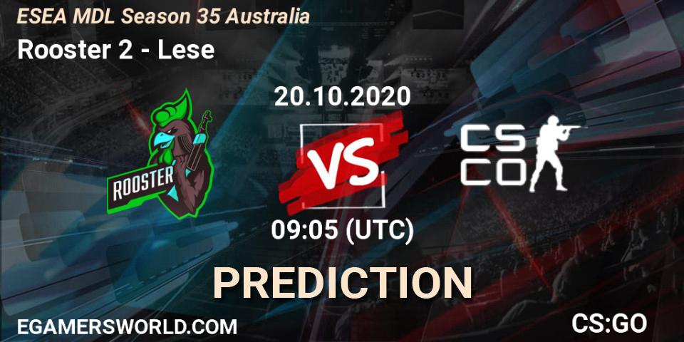 Rooster 2 vs Lese: Betting TIp, Match Prediction. 22.10.2020 at 10:10. Counter-Strike (CS2), ESEA MDL Season 35 Australia