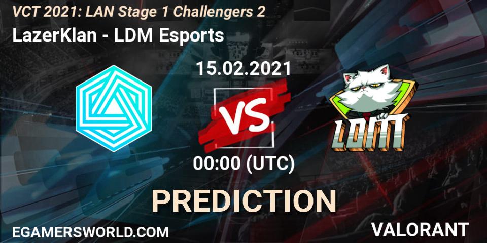 LazerKlan vs LDM Esports: Betting TIp, Match Prediction. 15.02.2021 at 00:00. VALORANT, VCT 2021: LAN Stage 1 Challengers 2