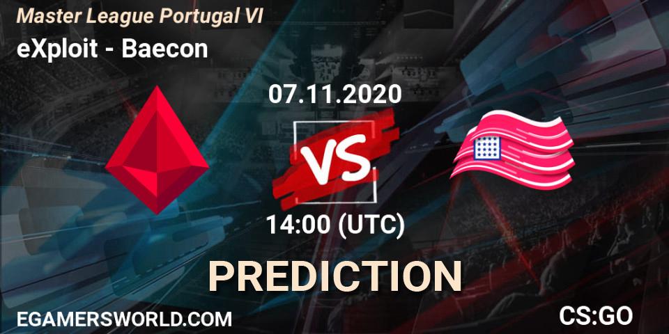 eXploit vs Baecon: Betting TIp, Match Prediction. 07.11.2020 at 14:00. Counter-Strike (CS2), Master League Portugal VI