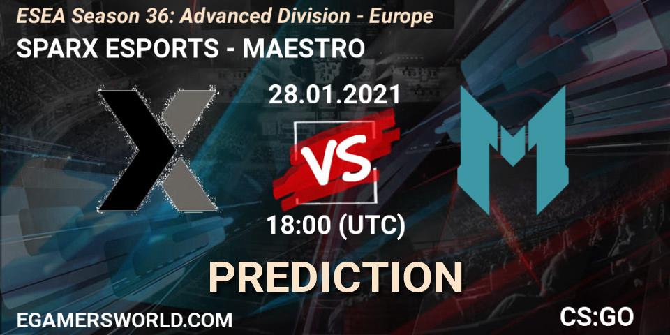 SPARX ESPORTS vs MAESTRO: Betting TIp, Match Prediction. 28.01.2021 at 18:00. Counter-Strike (CS2), ESEA Season 36: Europe - Advanced Division