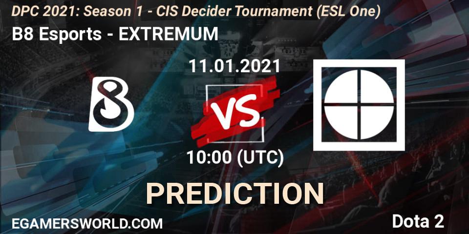B8 Esports vs EXTREMUM: Betting TIp, Match Prediction. 11.01.2021 at 10:00. Dota 2, DPC 2021: Season 1 - CIS Decider Tournament (ESL One)