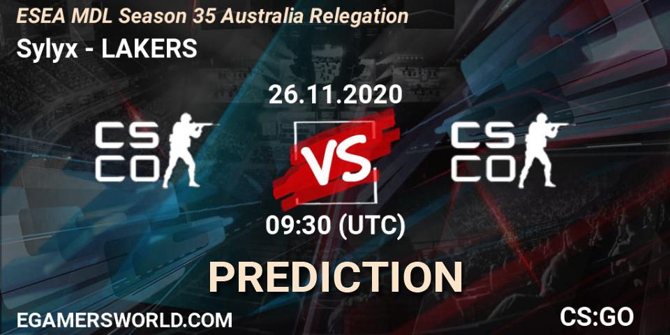 Sylyx vs LAKERS: Betting TIp, Match Prediction. 26.11.2020 at 09:30. Counter-Strike (CS2), ESEA MDL Season 35 Australia Relegation