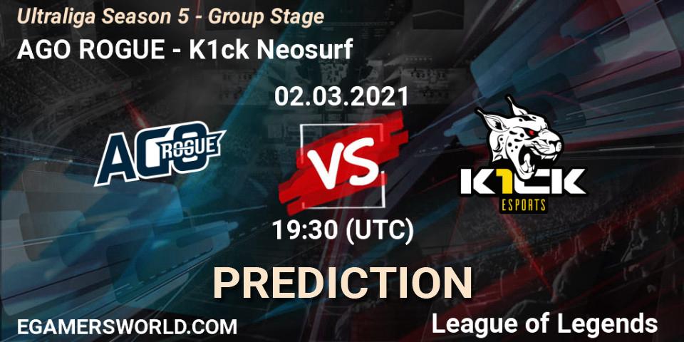AGO ROGUE vs K1ck Neosurf: Betting TIp, Match Prediction. 02.03.2021 at 19:30. LoL, Ultraliga Season 5 - Group Stage