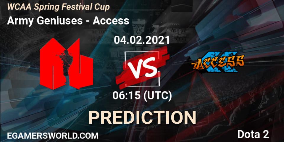Army Geniuses vs Access: Betting TIp, Match Prediction. 04.02.2021 at 06:11. Dota 2, WCAA Spring Festival Cup