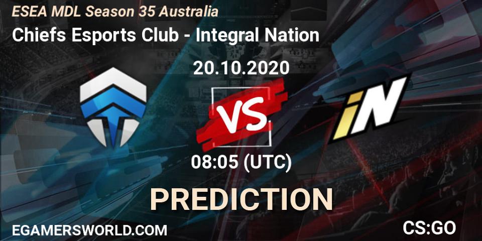 Chiefs Esports Club vs Integral Nation: Betting TIp, Match Prediction. 20.10.2020 at 08:15. Counter-Strike (CS2), ESEA MDL Season 35 Australia