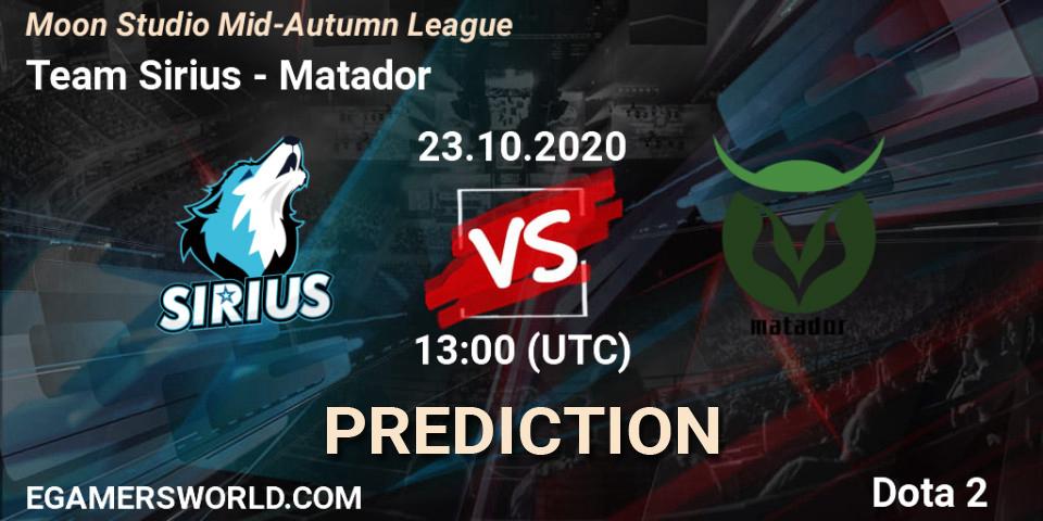 Team Sirius vs Matador: Betting TIp, Match Prediction. 23.10.2020 at 11:52. Dota 2, Moon Studio Mid-Autumn League