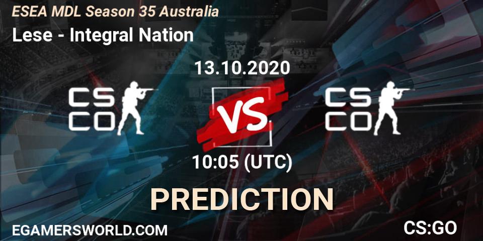 Lese vs Integral Nation: Betting TIp, Match Prediction. 13.10.2020 at 10:05. Counter-Strike (CS2), ESEA MDL Season 35 Australia