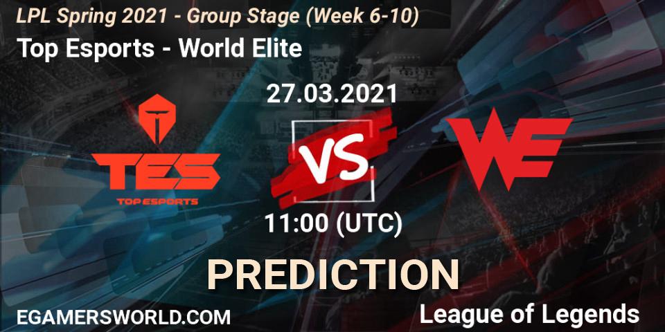 Top Esports vs World Elite: Betting TIp, Match Prediction. 27.03.2021 at 11:45. LoL, LPL Spring 2021 - Group Stage (Week 6-10)