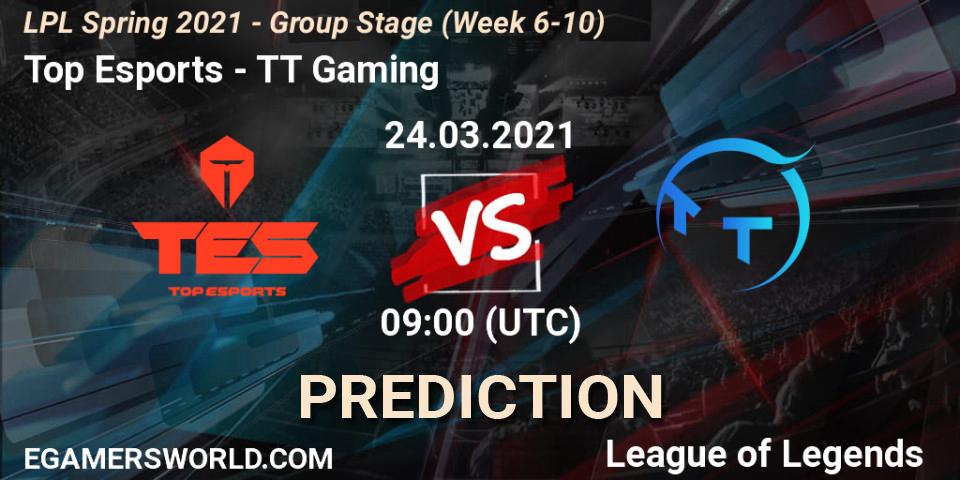 Top Esports vs TT Gaming: Betting TIp, Match Prediction. 24.03.2021 at 09:00. LoL, LPL Spring 2021 - Group Stage (Week 6-10)