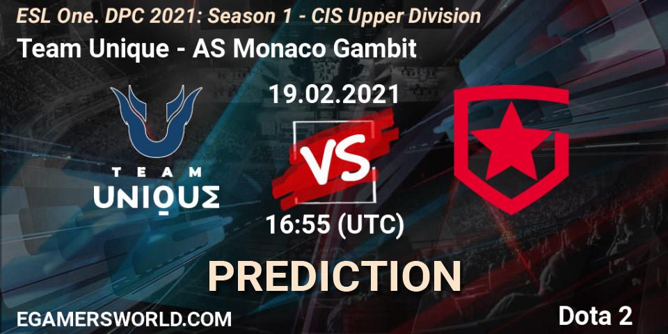 Team Unique vs AS Monaco Gambit: Betting TIp, Match Prediction. 19.02.2021 at 16:55. Dota 2, ESL One. DPC 2021: Season 1 - CIS Upper Division