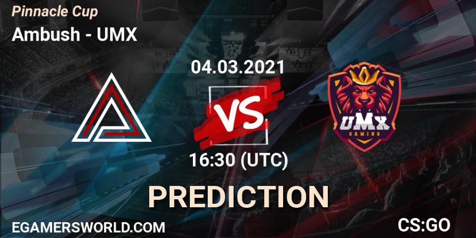 Ambush vs UMX: Betting TIp, Match Prediction. 05.03.2021 at 16:30. Counter-Strike (CS2), Pinnacle Cup #1