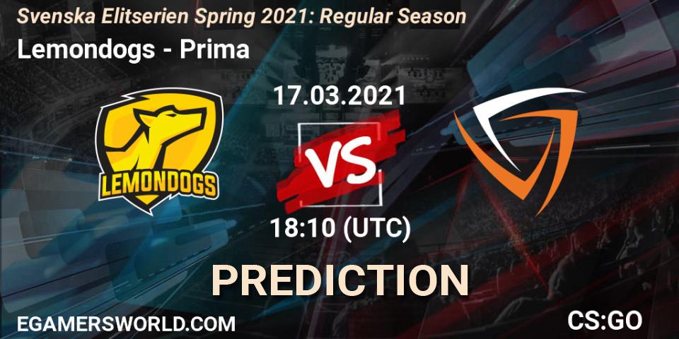 Lemondogs vs Prima: Betting TIp, Match Prediction. 17.03.2021 at 18:10. Counter-Strike (CS2), Svenska Elitserien Spring 2021: Regular Season