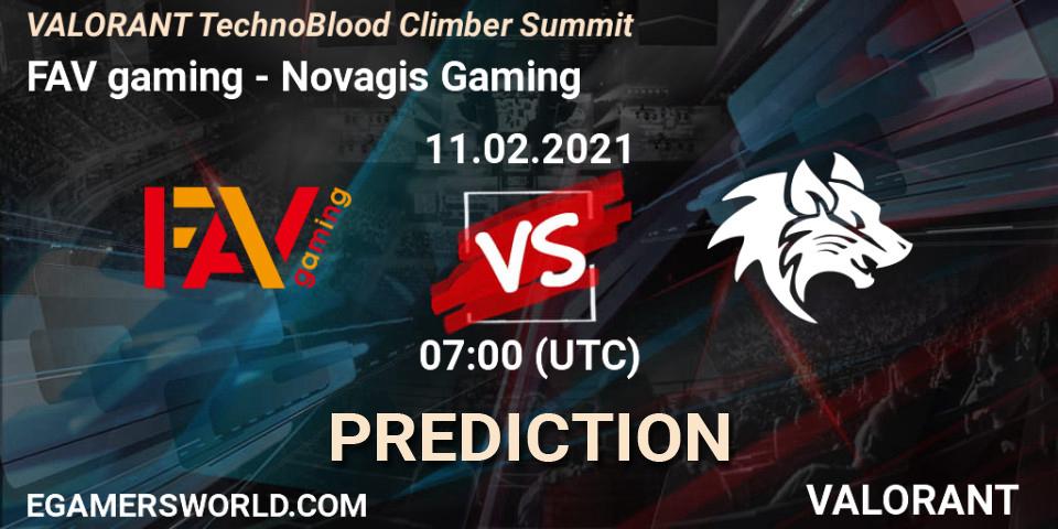 FAV gaming vs Novagis Gaming: Betting TIp, Match Prediction. 11.02.2021 at 07:00. VALORANT, VALORANT TechnoBlood Climber Summit