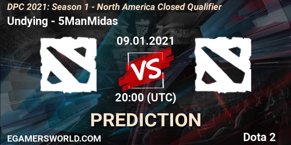 Undying vs 5ManMidas: Betting TIp, Match Prediction. 09.01.2021 at 20:02. Dota 2, DPC 2021: Season 1 - North America Closed Qualifier