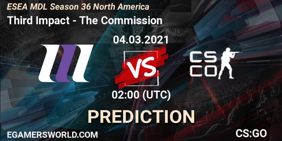 Third Impact vs The Commission: Betting TIp, Match Prediction. 04.03.2021 at 02:00. Counter-Strike (CS2), MDL ESEA Season 36: North America - Premier Division