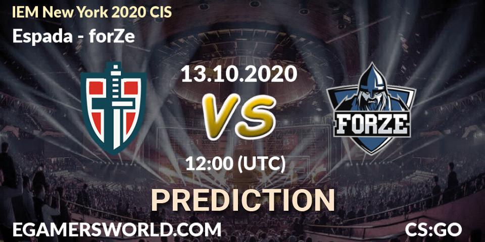 Espada vs forZe: Betting TIp, Match Prediction. 13.10.2020 at 12:00. Counter-Strike (CS2), IEM New York 2020 CIS