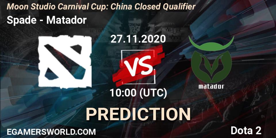 Spade vs Matador: Betting TIp, Match Prediction. 27.11.2020 at 10:49. Dota 2, Moon Studio Carnival Cup: China Closed Qualifier
