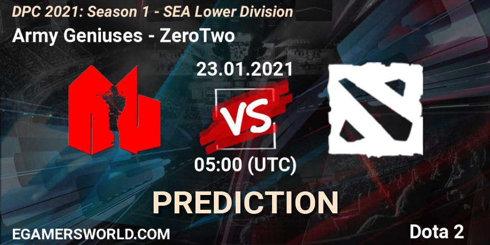 Army Geniuses vs ZeroTwo: Betting TIp, Match Prediction. 23.01.2021 at 05:01. Dota 2, DPC 2021: Season 1 - SEA Lower Division