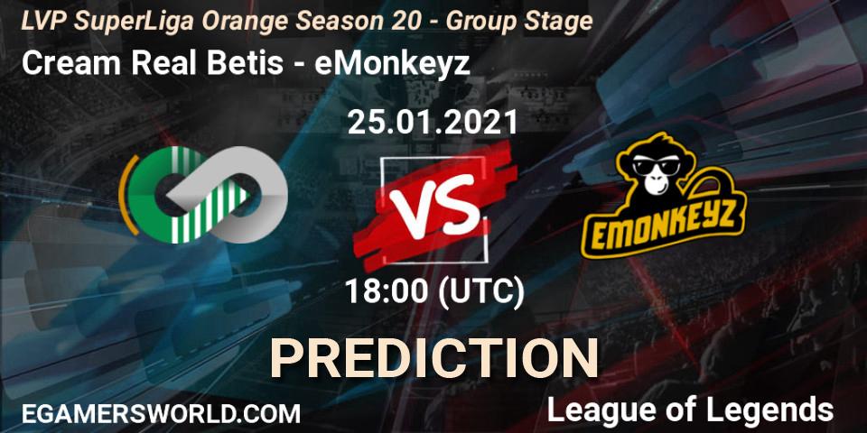 Cream Real Betis vs eMonkeyz: Betting TIp, Match Prediction. 25.01.2021 at 18:00. LoL, LVP SuperLiga Orange Season 20 - Group Stage