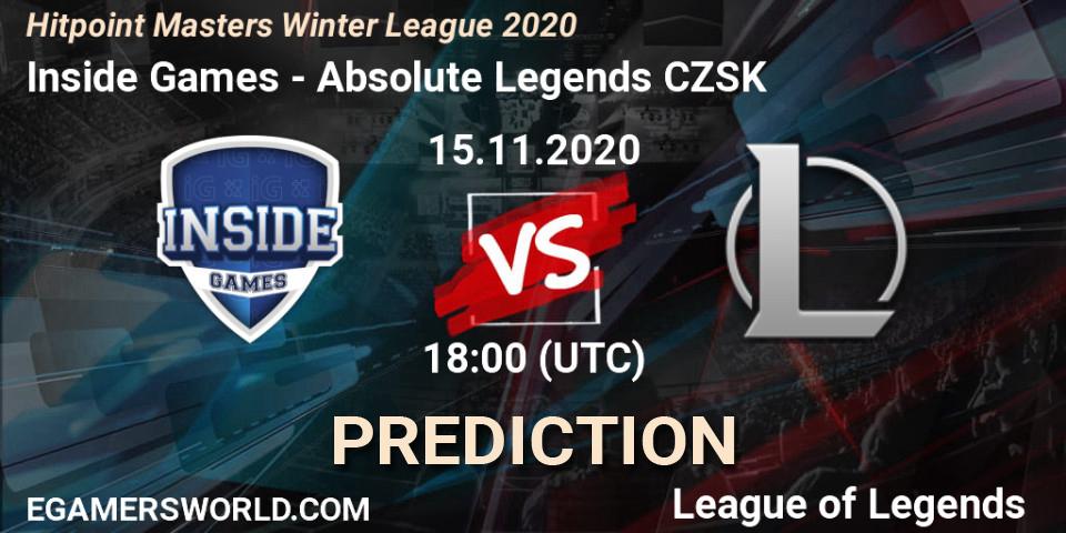 Inside Games vs Absolute Legends CZSK: Betting TIp, Match Prediction. 15.11.2020 at 19:00. LoL, Hitpoint Masters Winter League 2020