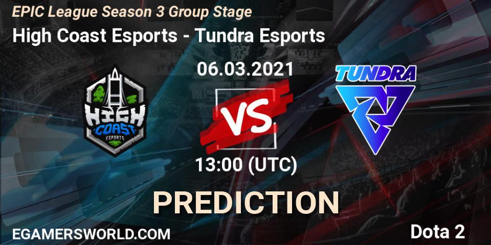 High Coast Esports vs Tundra Esports: Betting TIp, Match Prediction. 06.03.2021 at 13:29. Dota 2, EPIC League Season 3 Group Stage