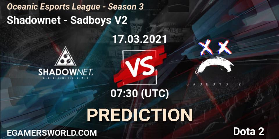 Shadownet vs Sadboys V2: Betting TIp, Match Prediction. 17.03.2021 at 07:33. Dota 2, Oceanic Esports League - Season 3