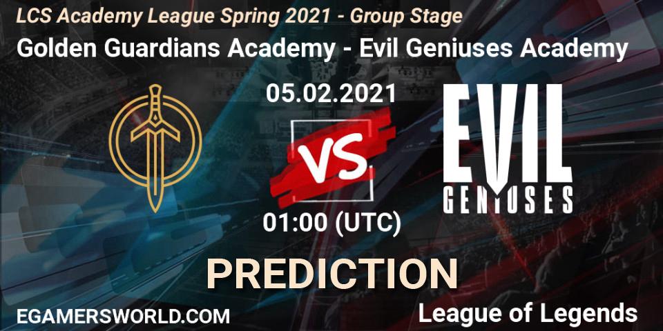 Golden Guardians Academy vs Evil Geniuses Academy: Betting TIp, Match Prediction. 05.02.2021 at 01:00. LoL, LCS Academy League Spring 2021 - Group Stage