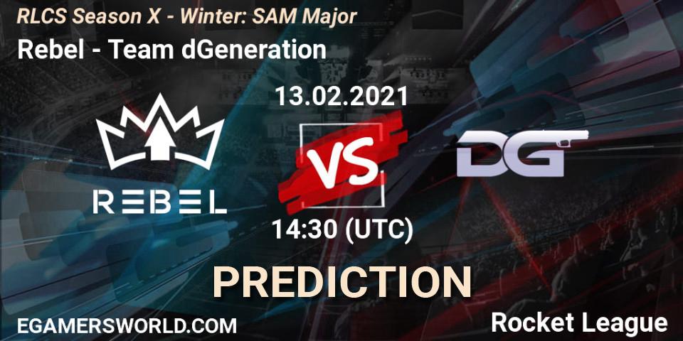Rebel vs Team dGeneration: Betting TIp, Match Prediction. 13.02.2021 at 14:30. Rocket League, RLCS Season X - Winter: SAM Major