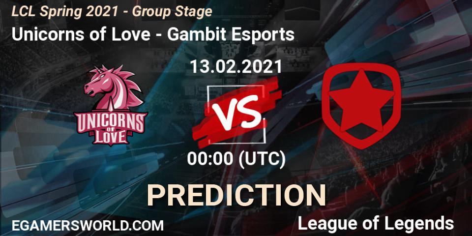 Unicorns of Love vs Gambit Esports: Betting TIp, Match Prediction. 13.02.2021 at 13:00. LoL, LCL Spring 2021 - Group Stage