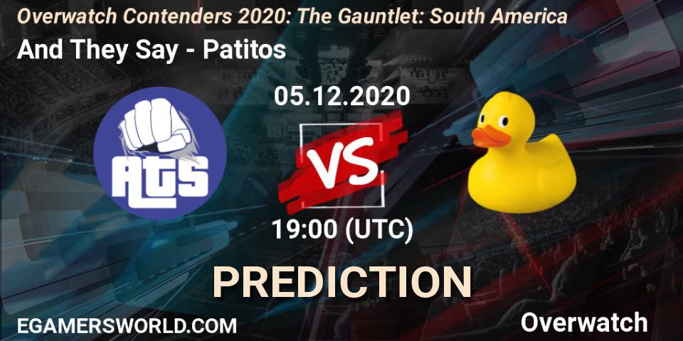 And They Say vs Patitos: Betting TIp, Match Prediction. 05.12.2020 at 19:00. Overwatch, Overwatch Contenders 2020: The Gauntlet: South America