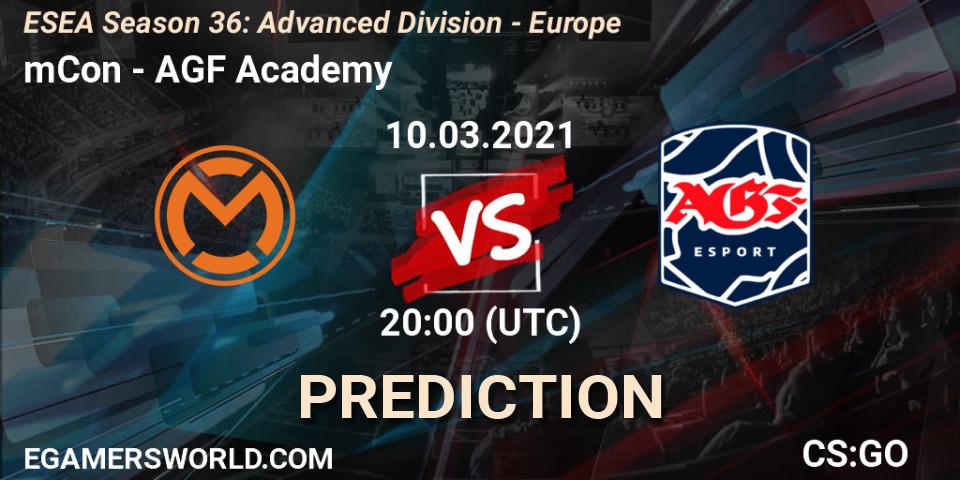 mCon vs AGF Academy: Betting TIp, Match Prediction. 10.03.2021 at 20:00. Counter-Strike (CS2), ESEA Season 36: Europe - Advanced Division