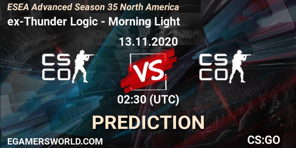 ex-Thunder Logic vs Morning Light: Betting TIp, Match Prediction. 13.11.2020 at 02:00. Counter-Strike (CS2), ESEA Advanced Season 35 North America
