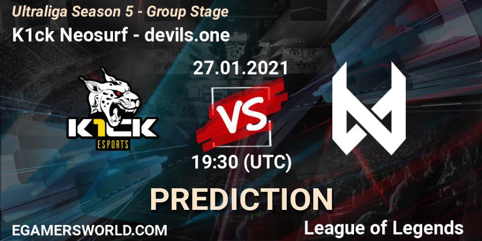 K1ck Neosurf vs devils.one: Betting TIp, Match Prediction. 27.01.2021 at 19:30. LoL, Ultraliga Season 5 - Group Stage