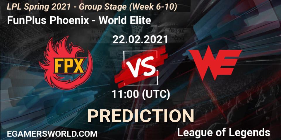 FunPlus Phoenix vs World Elite: Betting TIp, Match Prediction. 22.02.2021 at 11:30. LoL, LPL Spring 2021 - Group Stage (Week 6-10)