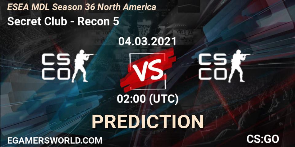 Secret Club vs Recon 5: Betting TIp, Match Prediction. 04.03.2021 at 02:00. Counter-Strike (CS2), MDL ESEA Season 36: North America - Premier Division
