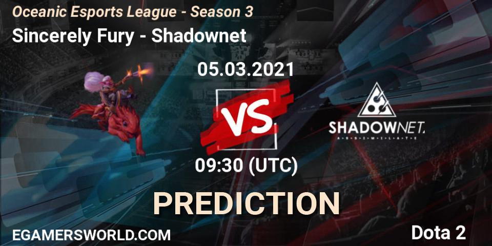 Sincerely Fury vs Shadownet: Betting TIp, Match Prediction. 05.03.2021 at 09:30. Dota 2, Oceanic Esports League - Season 3