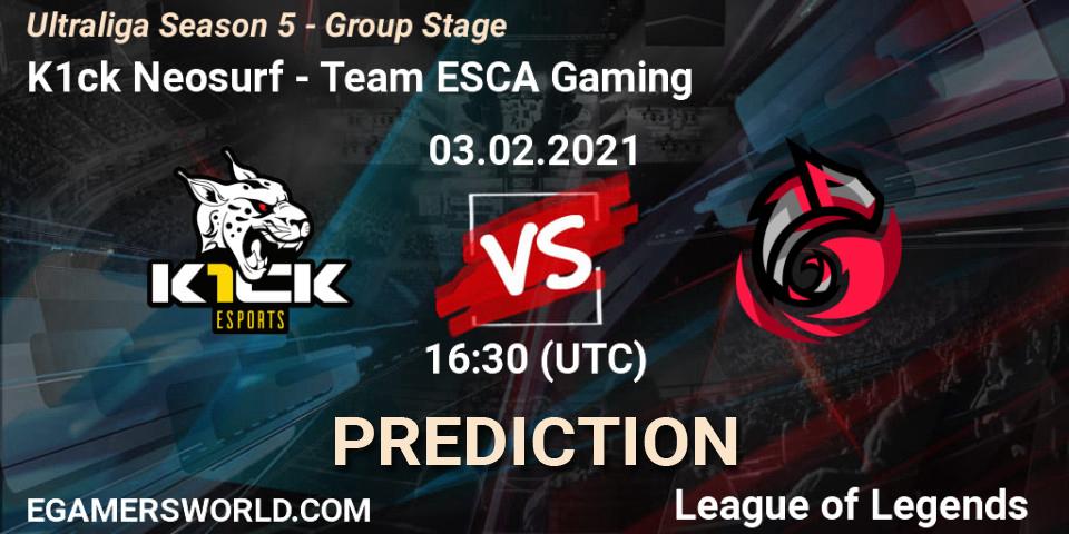 K1ck Neosurf vs Team ESCA Gaming: Betting TIp, Match Prediction. 03.02.2021 at 16:30. LoL, Ultraliga Season 5 - Group Stage