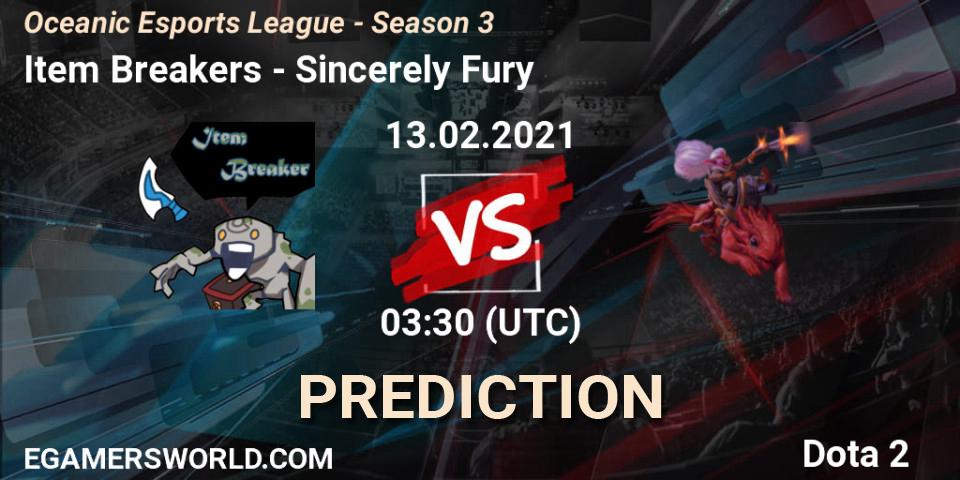 Item Breakers vs Sincerely Fury: Betting TIp, Match Prediction. 13.02.2021 at 04:08. Dota 2, Oceanic Esports League - Season 3