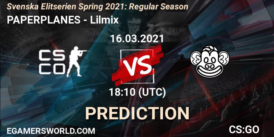 PAPERPLANES vs Lilmix: Betting TIp, Match Prediction. 16.03.2021 at 18:10. Counter-Strike (CS2), Svenska Elitserien Spring 2021: Regular Season