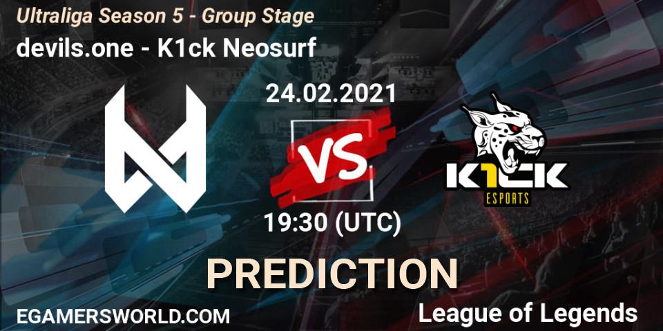 devils.one vs K1ck Neosurf: Betting TIp, Match Prediction. 24.02.2021 at 19:30. LoL, Ultraliga Season 5 - Group Stage