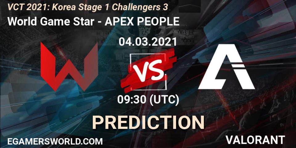World Game Star vs APEX PEOPLE: Betting TIp, Match Prediction. 04.03.2021 at 09:30. VALORANT, VCT 2021: Korea Stage 1 Challengers 3
