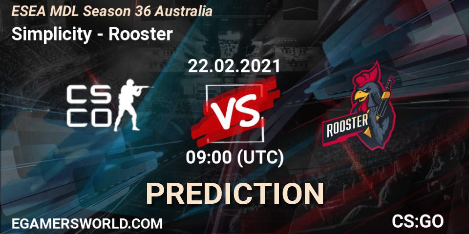 Simplicity vs Rooster: Betting TIp, Match Prediction. 23.02.2021 at 09:00. Counter-Strike (CS2), MDL ESEA Season 36: Australia - Premier Division