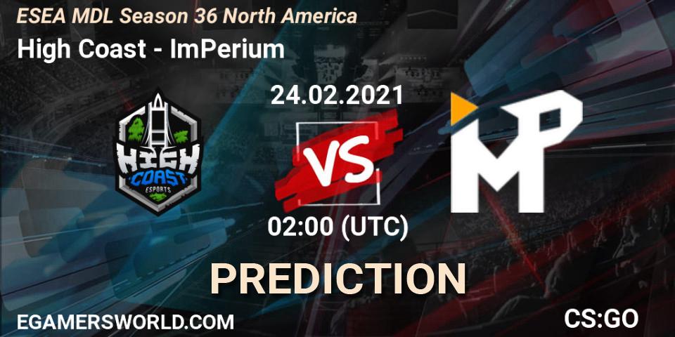 High Coast vs ImPerium: Betting TIp, Match Prediction. 24.02.21. CS2 (CS:GO), MDL ESEA Season 36: North America - Premier Division