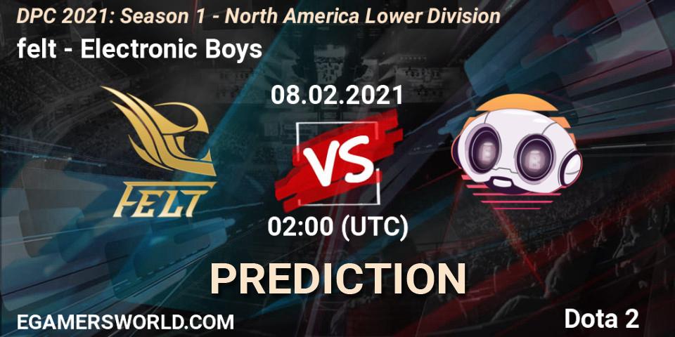 felt vs Electronic Boys: Betting TIp, Match Prediction. 08.02.2021 at 02:01. Dota 2, DPC 2021: Season 1 - North America Lower Division
