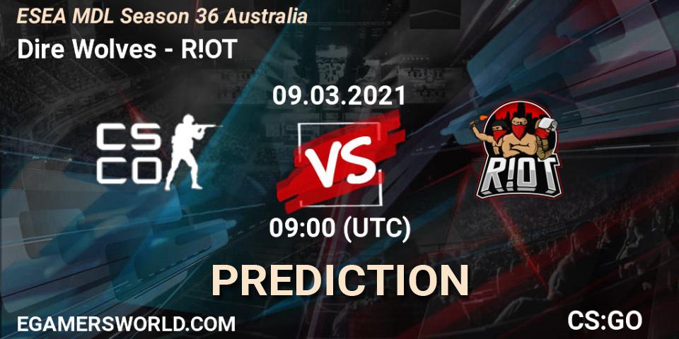 Dire Wolves vs R!OT: Betting TIp, Match Prediction. 09.03.2021 at 09:00. Counter-Strike (CS2), MDL ESEA Season 36: Australia - Premier Division