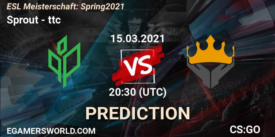 Sprout vs ttc: Betting TIp, Match Prediction. 15.03.2021 at 20:30. Counter-Strike (CS2), ESL Meisterschaft: Spring 2021