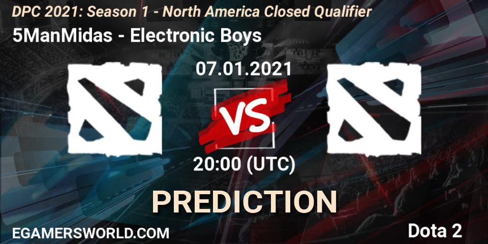 5ManMidas vs Electronic Boys: Betting TIp, Match Prediction. 07.01.2021 at 20:29. Dota 2, DPC 2021: Season 1 - North America Closed Qualifier